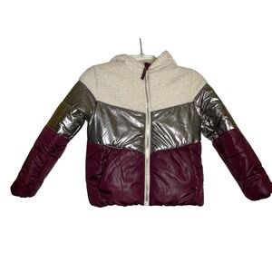 Rothschild Girls Puffer Jacket Hooded Metallic Burgundy Cream Size M 10 12